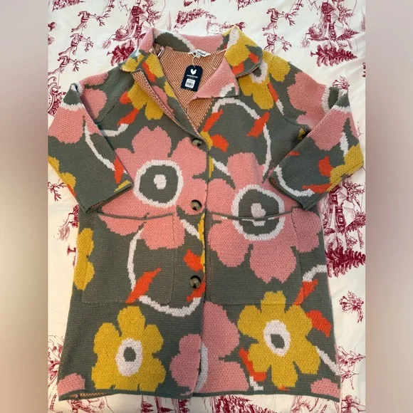 Davi & Dani NWT Hippie Bohemian Pink Floral Knit Coatigan, L - Picture 9 of 10